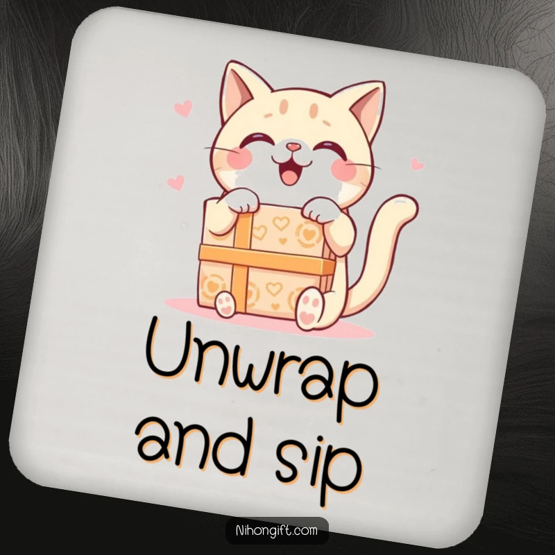 Funny Kawaii Cat Coasters depicting a happy cat receiving a giant ornate gift box, protecting surfaces with feline delight.