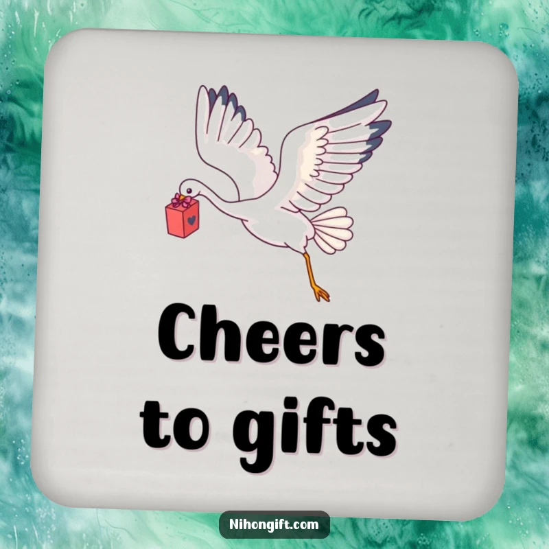 Funny Kawaii Crane Coasters featuring a crane flying with a delicate gift box.