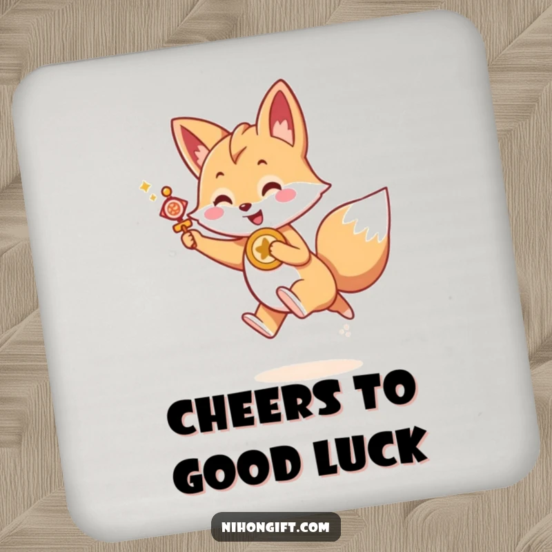Funny Kawaii fox holding a lucky charm, joyfully leaping forward, on a protective drink coaster, a charming funny gift.