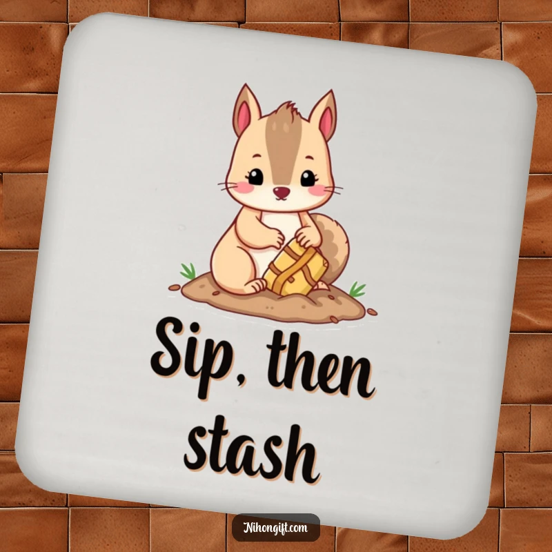 Funny kawaii squirrel hiding a treasure, adding humor and protection to surfaces with coasters.