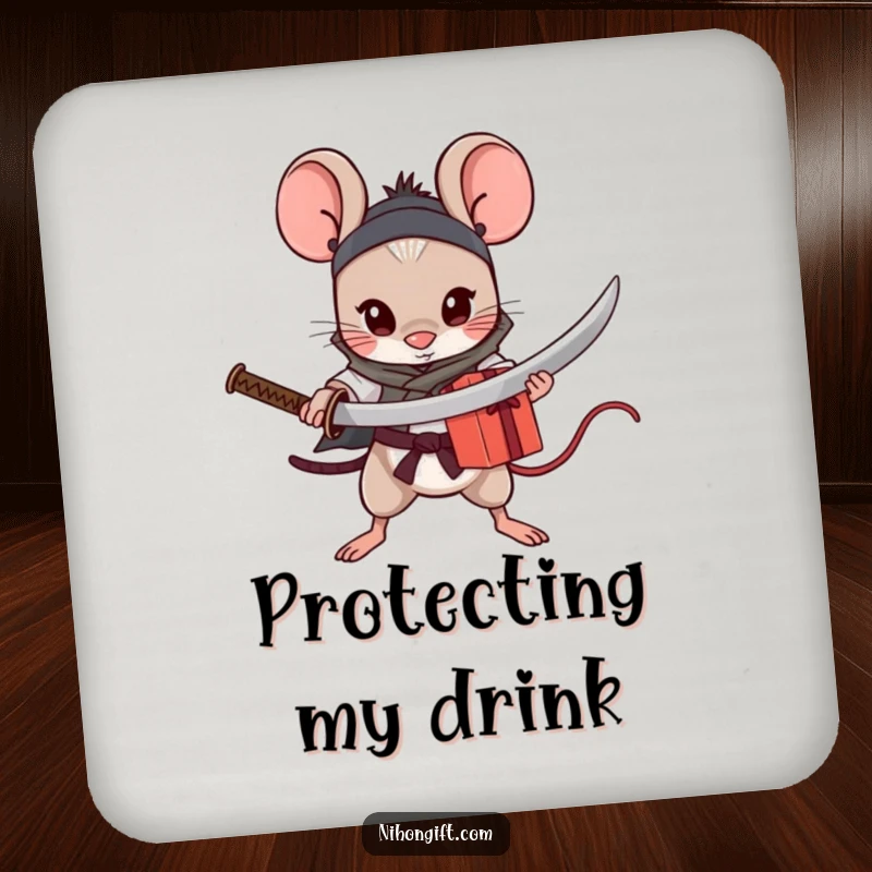 Funny Mouse Katana Coaster: Small brave mouse with a tiny katana, protectively standing over a gift.