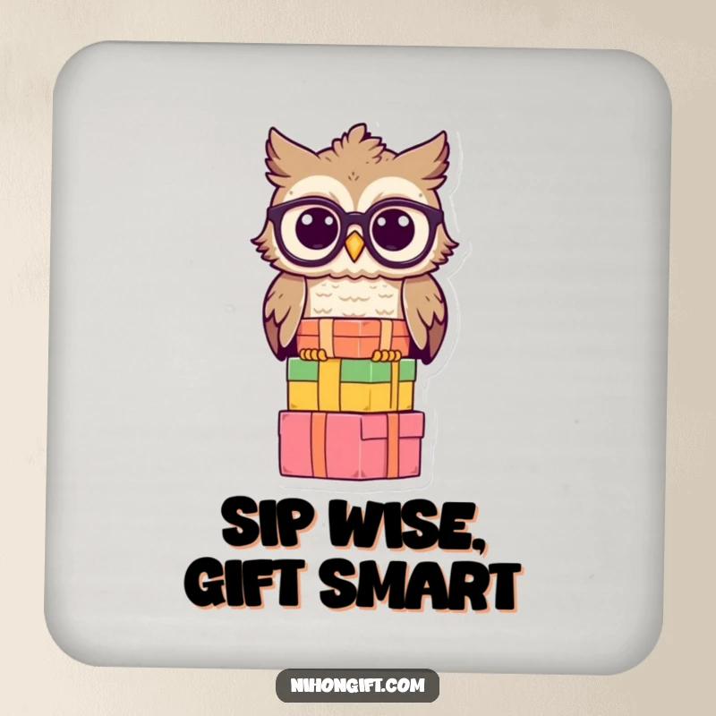 Funny owl coasters showing a wise owl with spectacles balancing gift boxes, perfect for protecting surfaces.