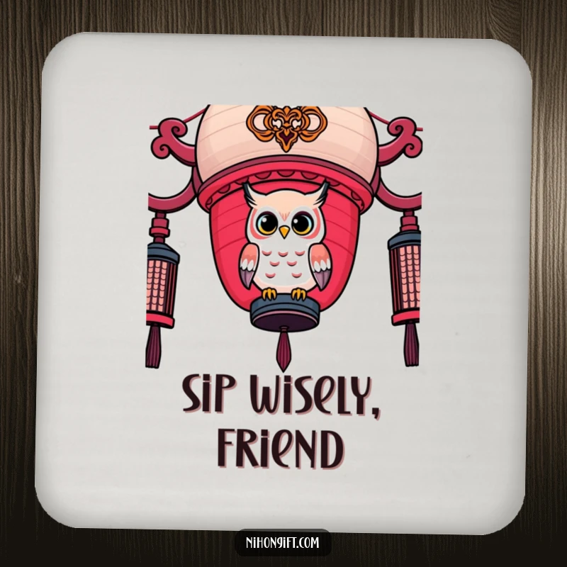 Funny Owl Lantern Coaster: A kawaii owl rests on a decorated Japanese lantern.