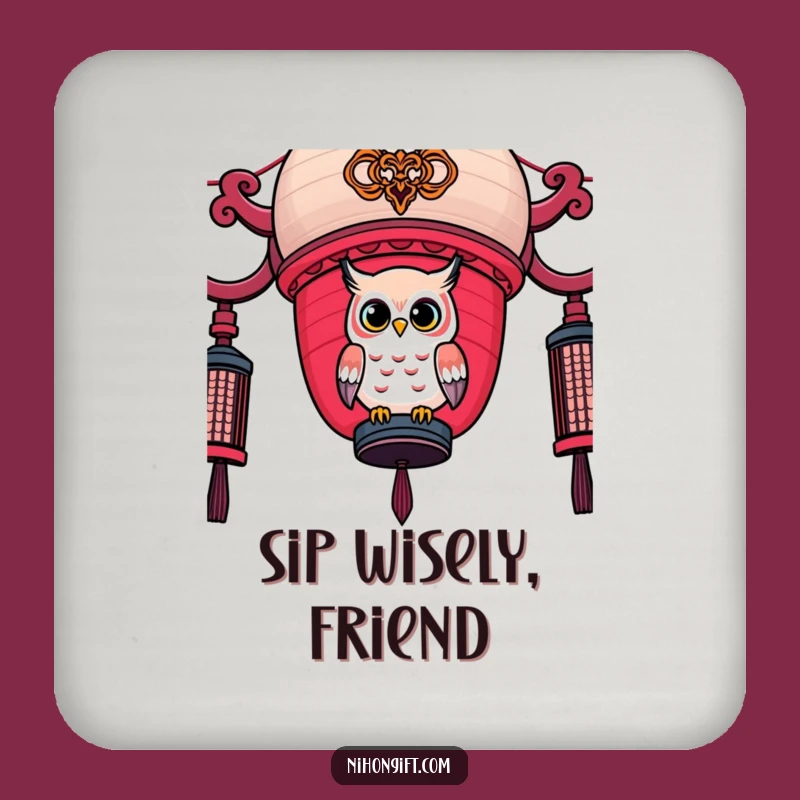 Funny Owl Lantern Coaster - Kawaii Bird on Japanese Lantern