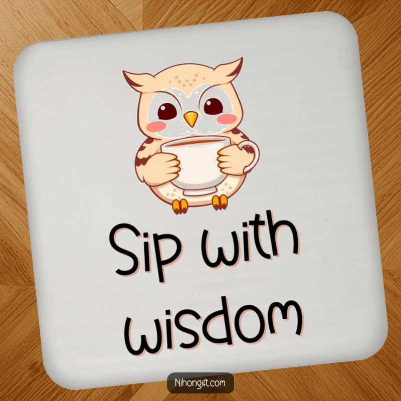 Funny Owl Tea Coaster: Cheerful owl carefully delivering a delicate ceramic tea cup, protecting surfaces.
