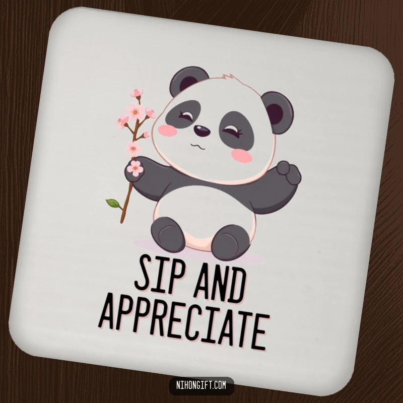 Funny panda coaster featuring a shy panda offering a delicate cherry blossom branch, offering serene surface protection with a gentle touch.