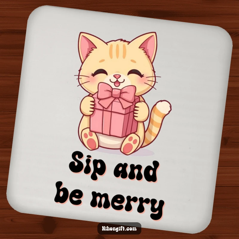 Funny kawaii cat drink coasters featuring a cute cat holding a gift box, providing stylish protection for furniture.