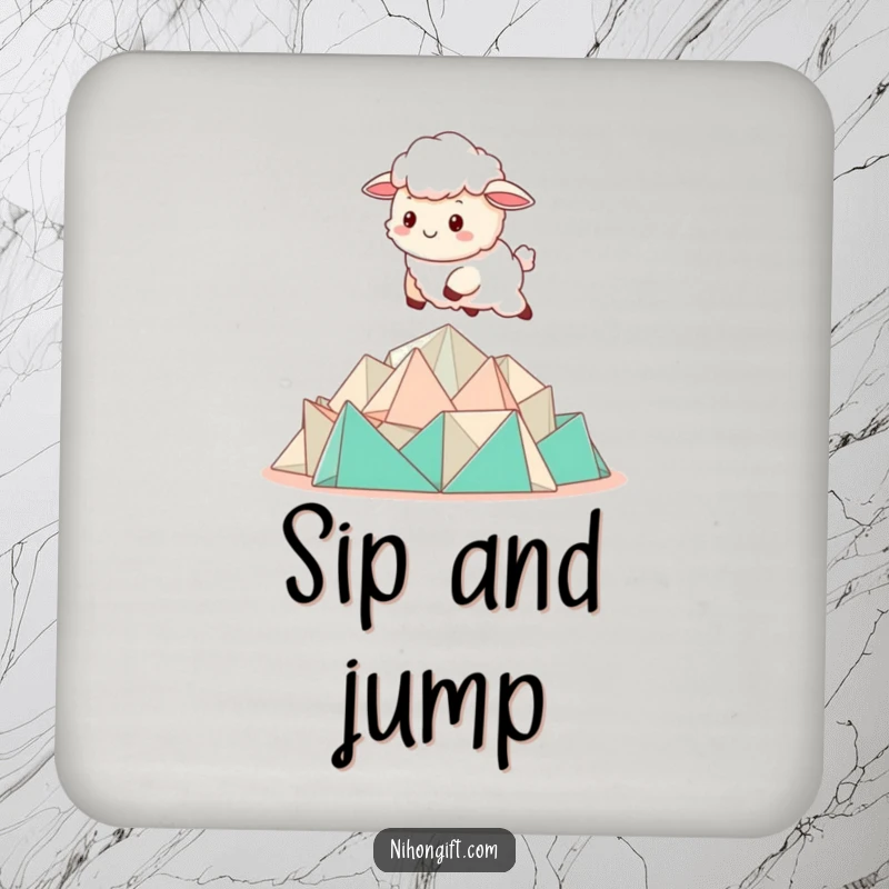Funny Kawaii Sheep Coasters featuring a sheep bounding over a pile of folded origami.