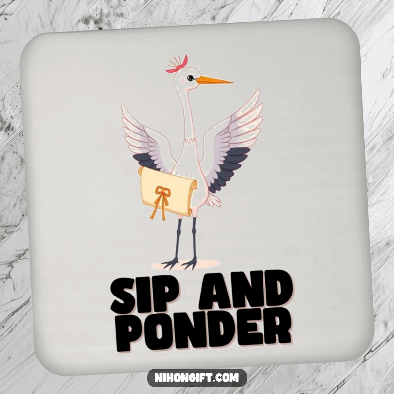 Coasters featuring a graceful crane holding a delicate scroll, offering artistic protection for your furniture.