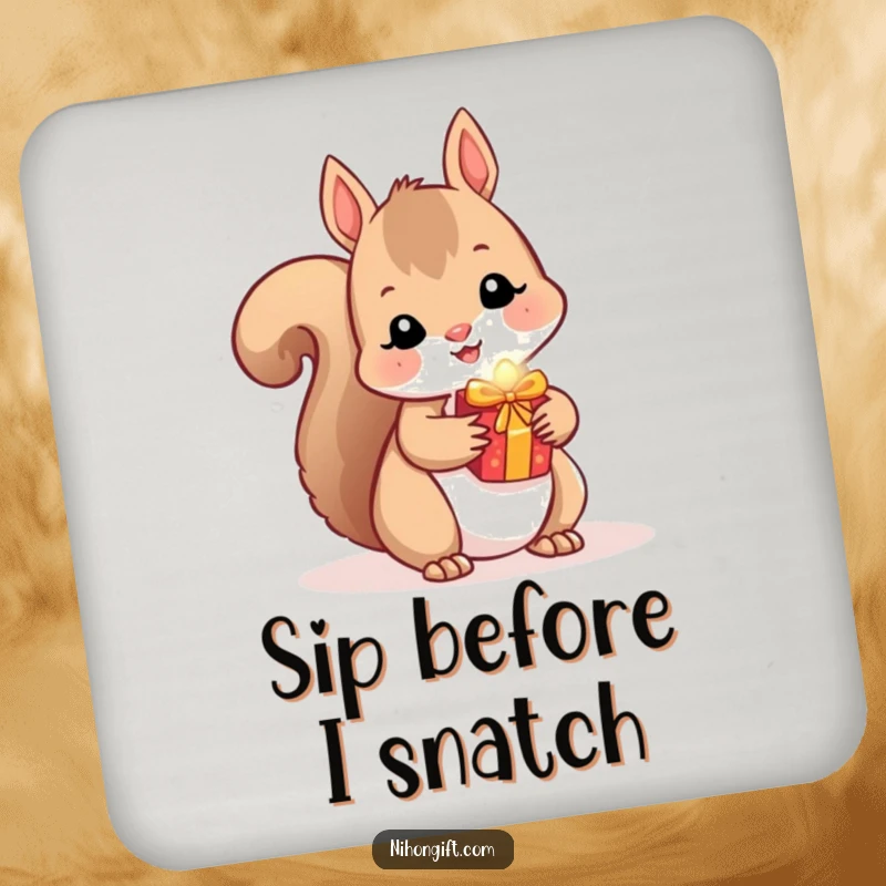 Funny Squirrel Coaster: A kawaii squirrel hides a small, shiny gift behind its back.
