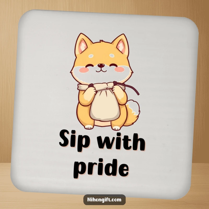 Funny Shiba Inu coasters featuring a cheerful character proudly presenting a delicate silk pouch, adding cheerful decor.