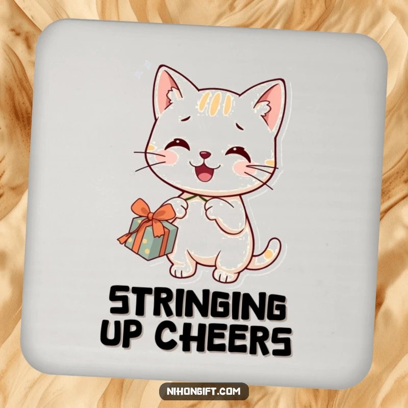 Funny cat coasters featuring a smiling character happily dangling a string from a gift, adding playful decor.