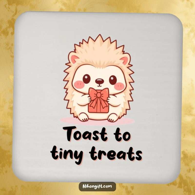 Funny Hedgehog Coaster: A kawaii hedgehog offers a tiny, decorative gift with a bow.