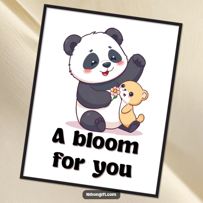 Funny poster depicting a playful panda giving a flower to a small creature, emphasizing kindness and humor.