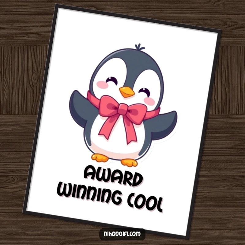 Funny poster of a cute penguin character presenting a beautifully tied ribbon, adding winter charm and a festive touch.