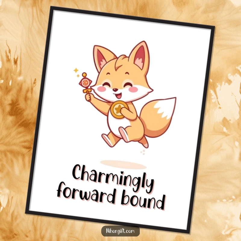 Funny Kawaii fox holding a lucky charm, joyfully leaping forward, displayed as vibrant wall art, a funny gift.