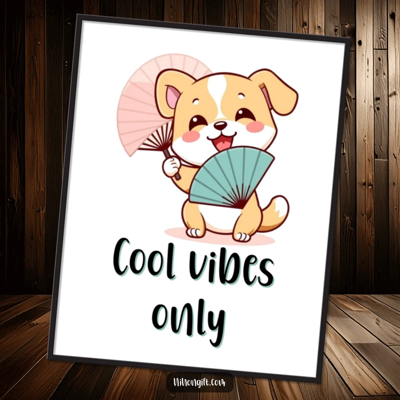 Funny Dog Fan Poster: A happy dog beaming while enthusiastically waving a beautiful Japanese fan.