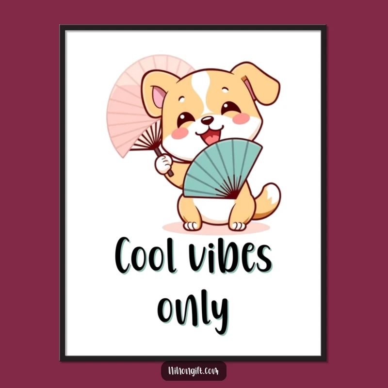 Funny Dog Fan Poster: Joyful Japanese Wave Art - Humorous Pet Wall Decor Gift