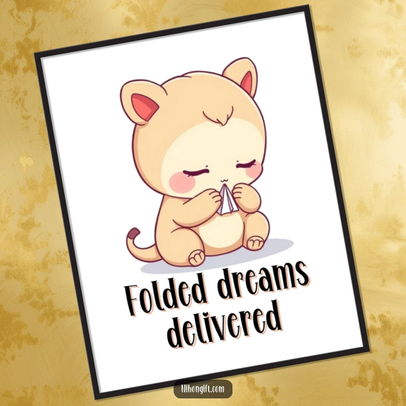 Funny poster art of a creature bowing respectfully while holding an intricately folded paper crane, creating a serene scene.