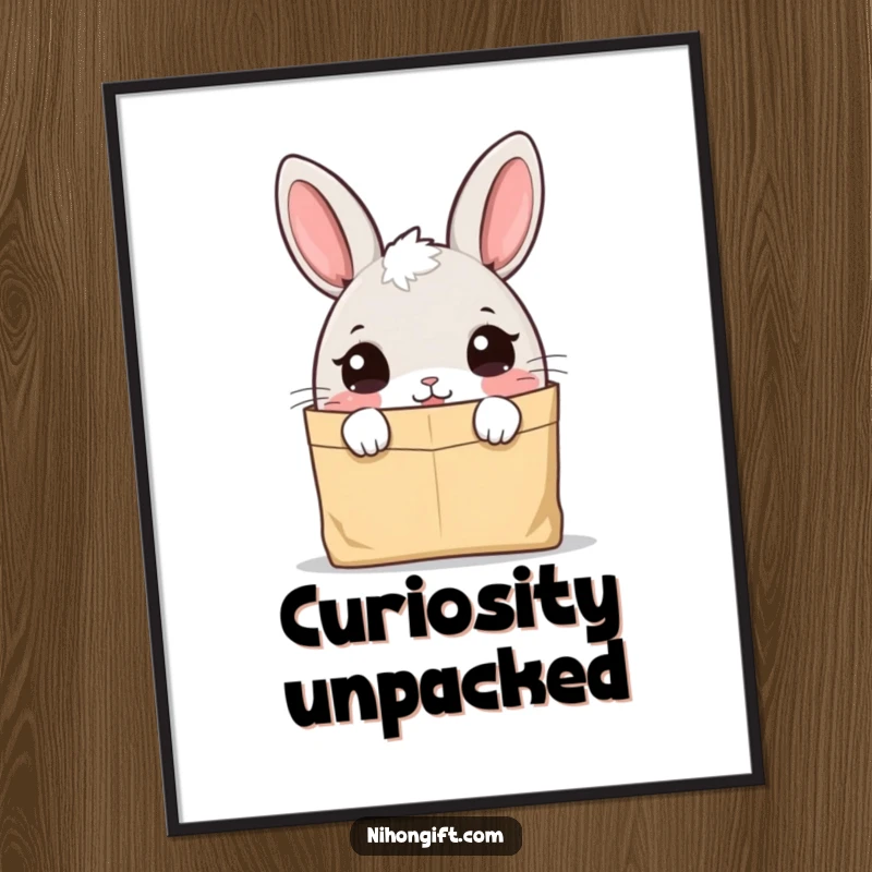Funny bunny poster of a cute character peeking curiously into a paper bag, creating whimsical wall art.