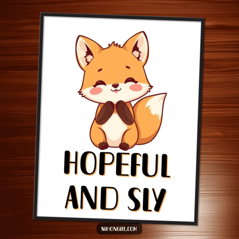Funny fox poster showing a small fox with paws clasped in happy anticipation, conveying excitement and humor through art.