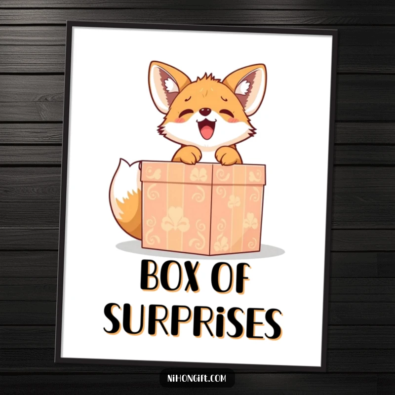 Funny cute fox puppy gleefully unwrapping a large, ornate gift box on a poster, a joyful and humorous art piece.