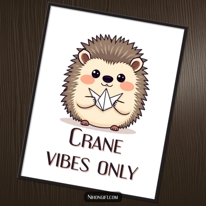Funny hedgehog proudly presenting a tiny origami crane, displayed as charming wall art, celebrating fine craft.