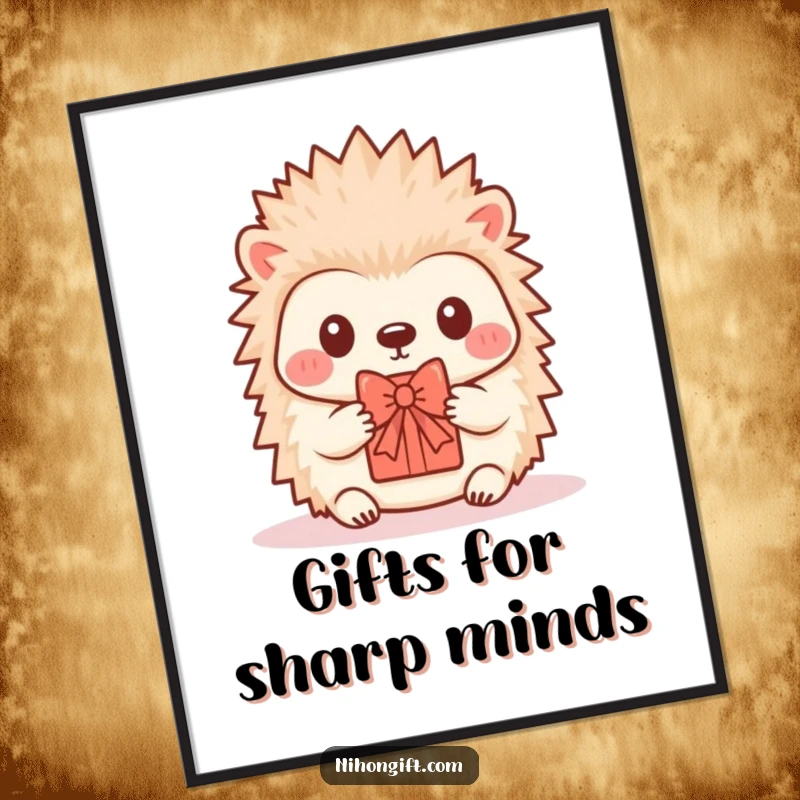 Funny Hedgehog Poster: A kawaii hedgehog offers a tiny, decorated gift, showcasing its sweet nature.