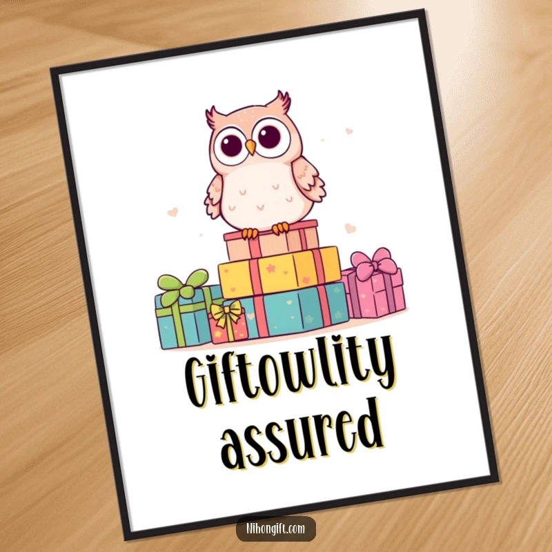 Funny kawaii owl sits joyfully atop a pile of colorful gifts, bringing humor and cuteness to wall art.
