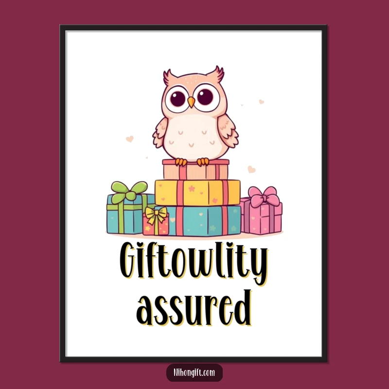 Funny Kawaii Owl Gift Stack Poster: Adorable Wall Art for a Humorous Space