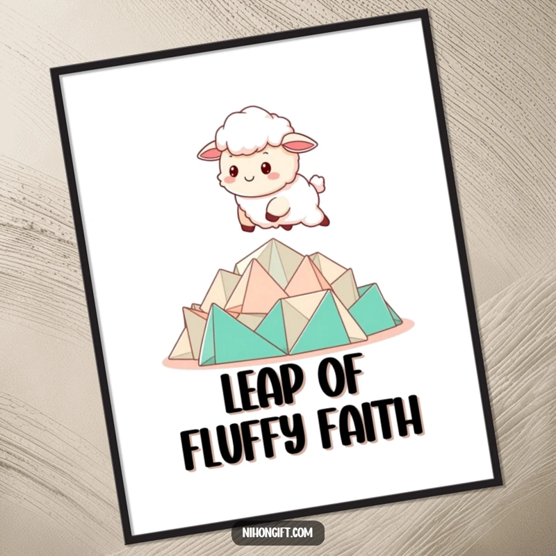 Funny Kawaii Sheep Poster showing a sheep bounding over a pile of folded origami.