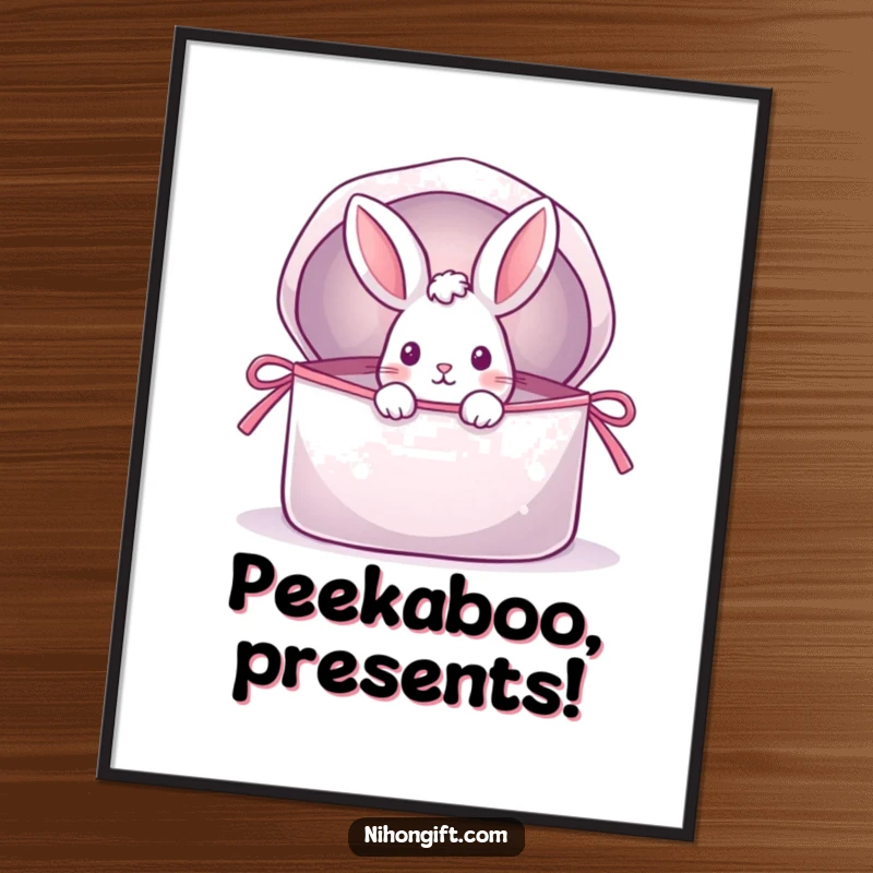 Funny poster featuring a playful rabbit peeking from a shimmering, open gift bag, creating a whimsical and delightful wall art piece.