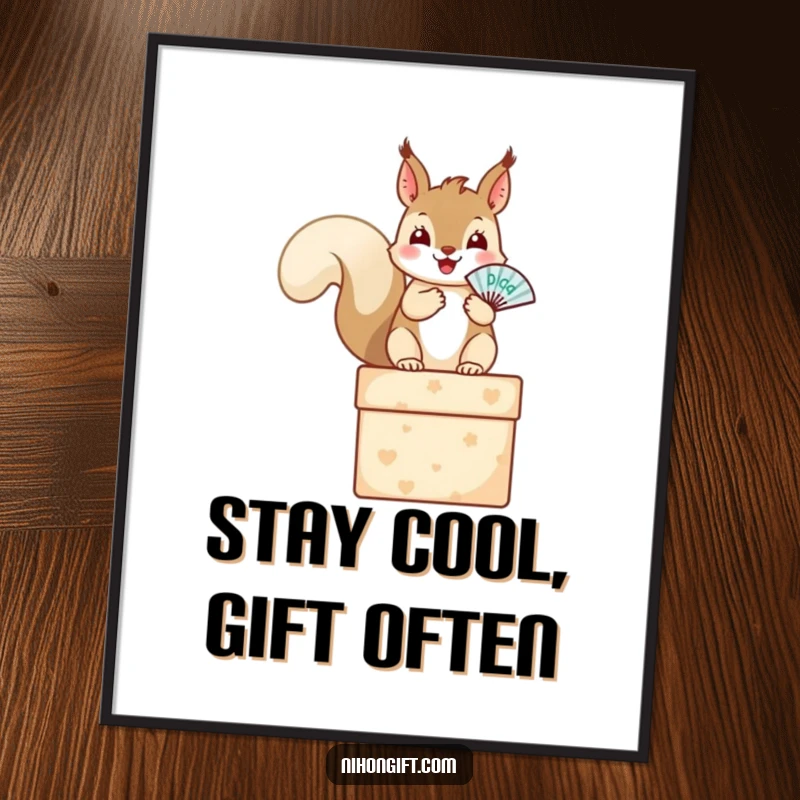 Funny squirrel poster featuring a happy rodent on a gift box holding a tiny fan, excellent wall art for joy.