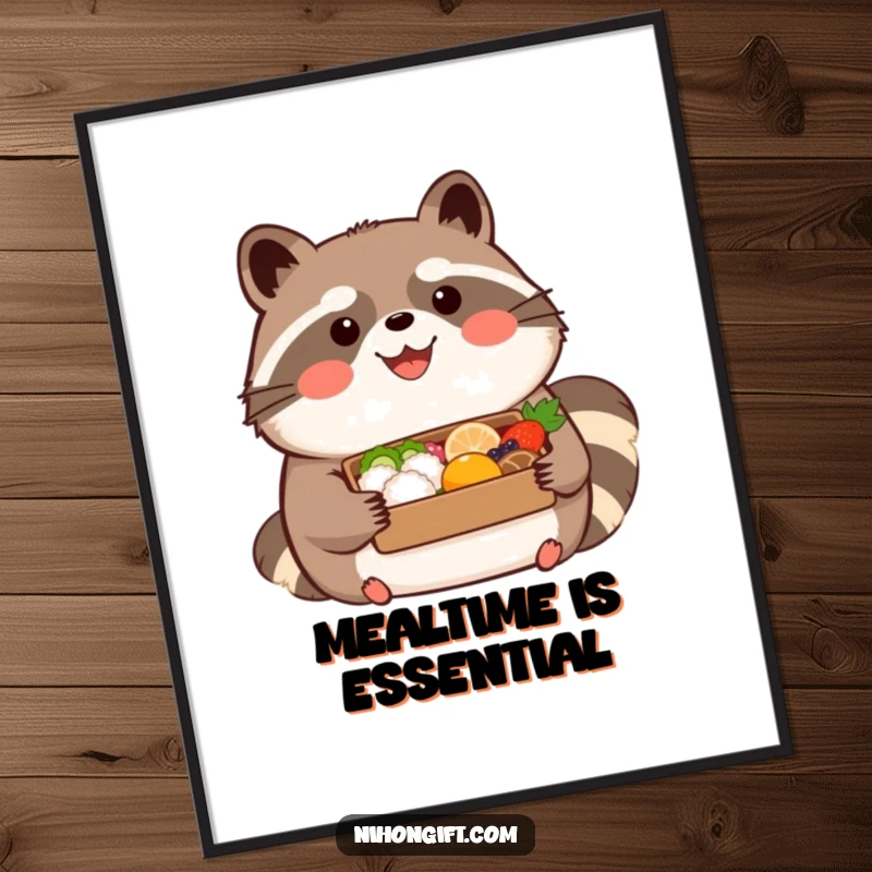 Funny kawaii tanuki wearing a happy expression, holding a beautifully presented bento on a poster, a tasty and humorous art piece.