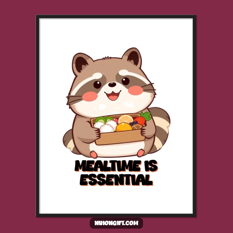 Funny Tanuki Bento Poster - Happy Art Print, Foodie Decor, Great Gift