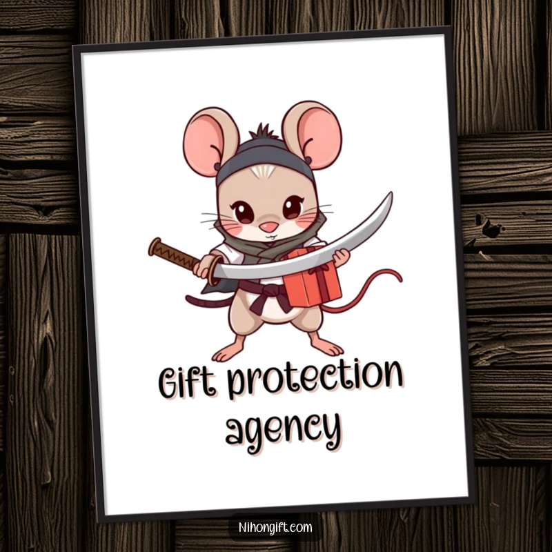 Funny Mouse Katana Poster: Small brave mouse holding a tiny katana, protectively standing over a wrapped gift.