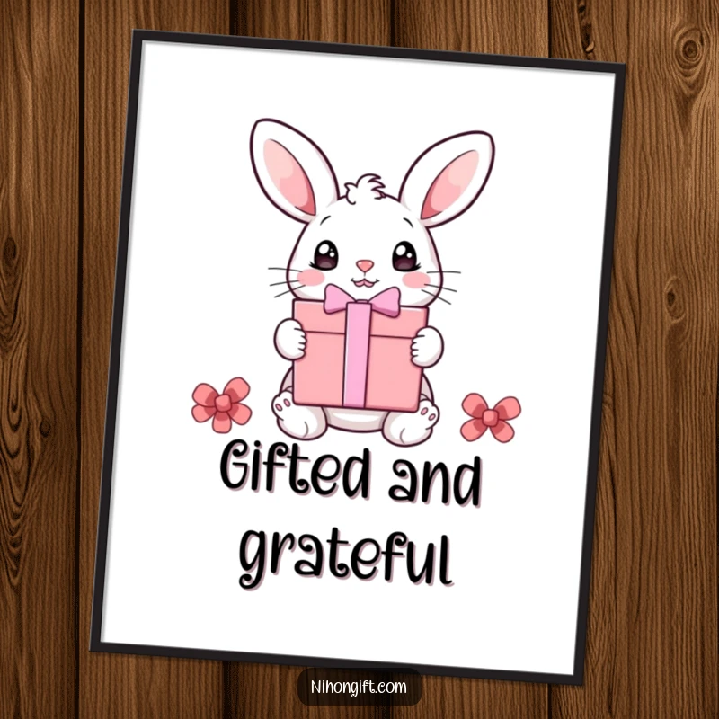Funny bunny poster showcasing a cute bunny with big eyes receiving a large gift box, adding humor to wall decor.