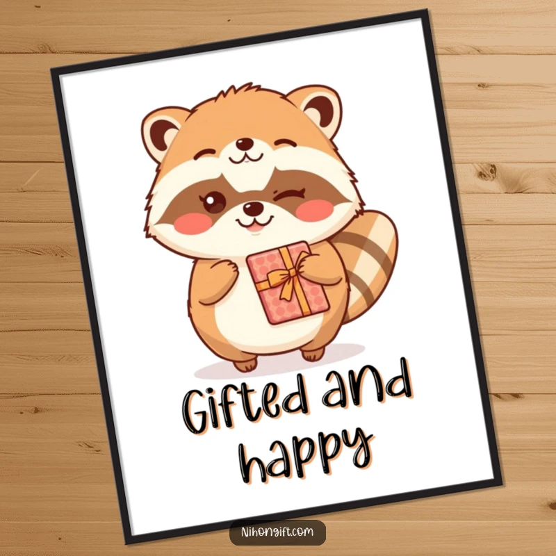Funny kawaii tanuki art print winking and holding a gift, bringing joy to any wall space.