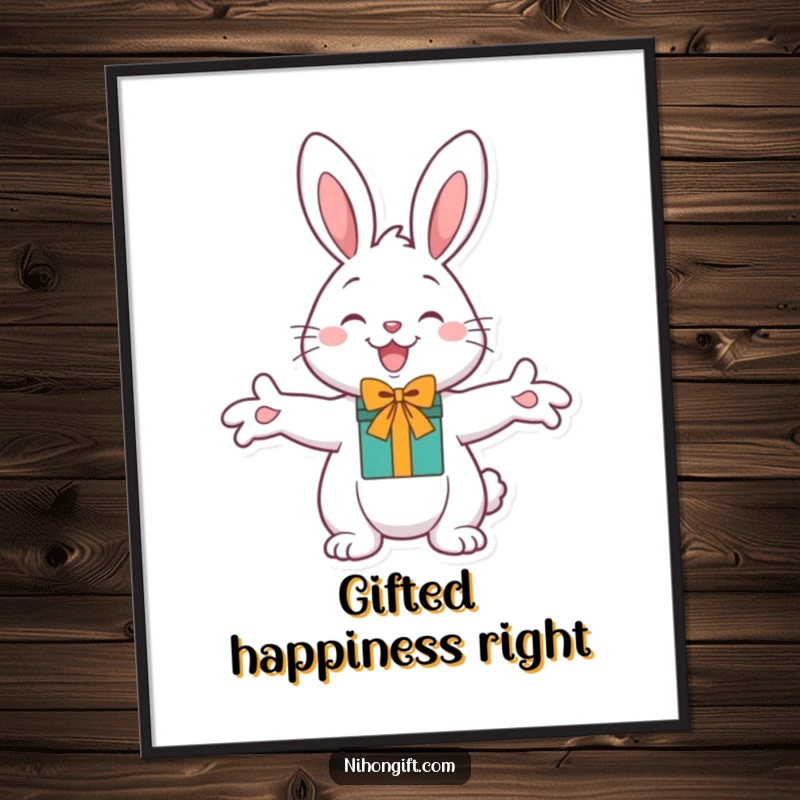 Funny Cheerful Bunny Poster with outstretched paws offering a gift, adding humorous warmth to any room.