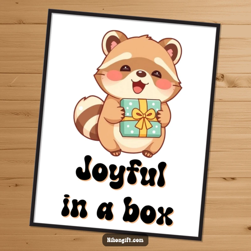 Funny tanuki poster of a joyful character holding a beautifully wrapped present, adding whimsical decor.