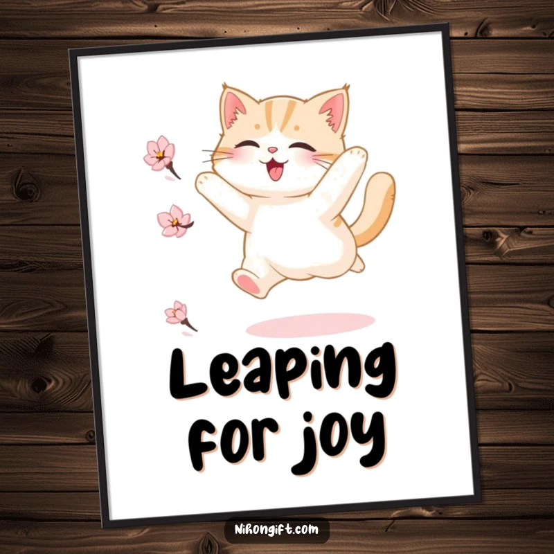 Funny poster art of a fluffy cat captured in a dynamic, joyous leap, reaching for a single, fluttering cherry blossom petal.