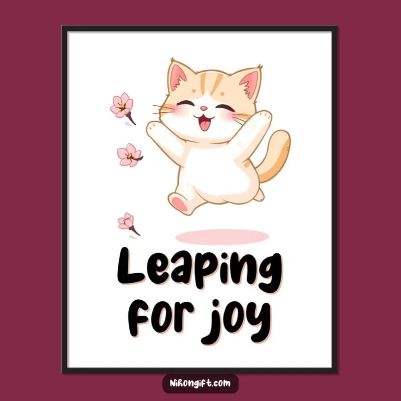 Funny Fluffy Cat Cherry Blossom Poster, Vibrant Joyful Wall Art Gift for Cat Lovers