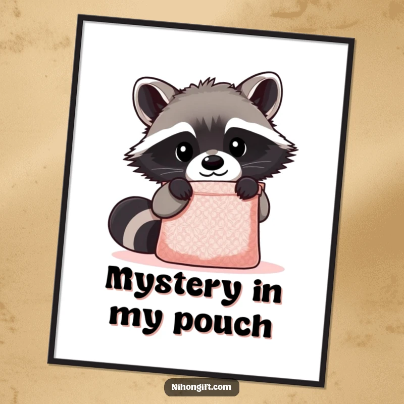 Funny Kawaii Raccoon Poster showing a cute raccoon peering curiously into a shimmering gift bag, bringing a sense of playful intrigue.