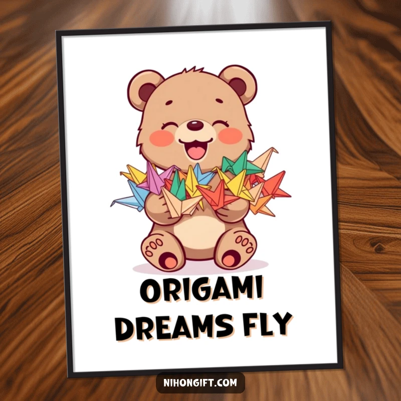 Funny poster of a joyful bear cub holding a stack of colorful origami cranes, perfect for vibrant decor.