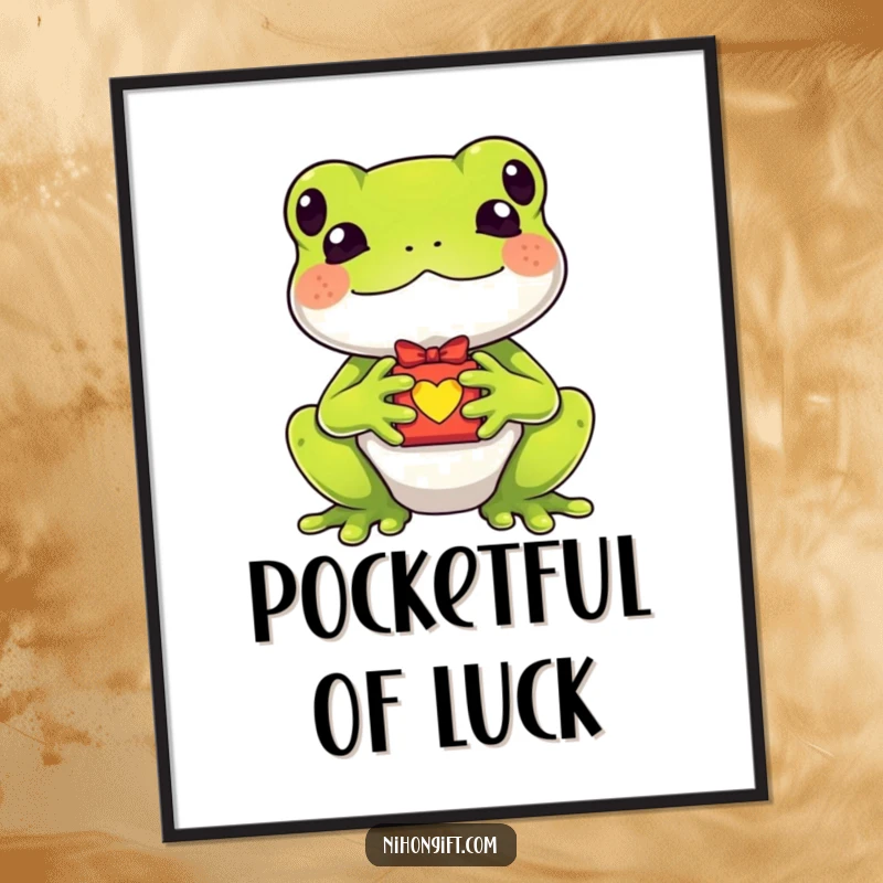 Funny kawaii frog holding a tiny lucky charm gift, depicted as whimsical wall art for any space.