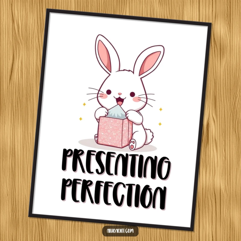 Funny kawaii bunny poster, celebrating the moment a small, glittering gift is opened with utmost excitement. Perfect wall decor.