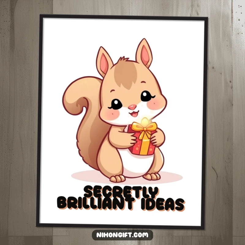 Funny Squirrel Poster: A kawaii squirrel hides a small, shiny gift, adding a playful secret.