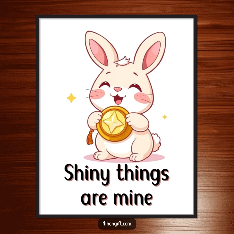Funny poster of a happy bunny presenting a shiny trinket, perfect for bringing humor and good luck.