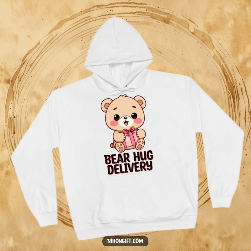Funny Kawaii Bear Hoodie showcasing a smiling kawaii bear holding a wrapped present, offering warmth and cheerful vibes.