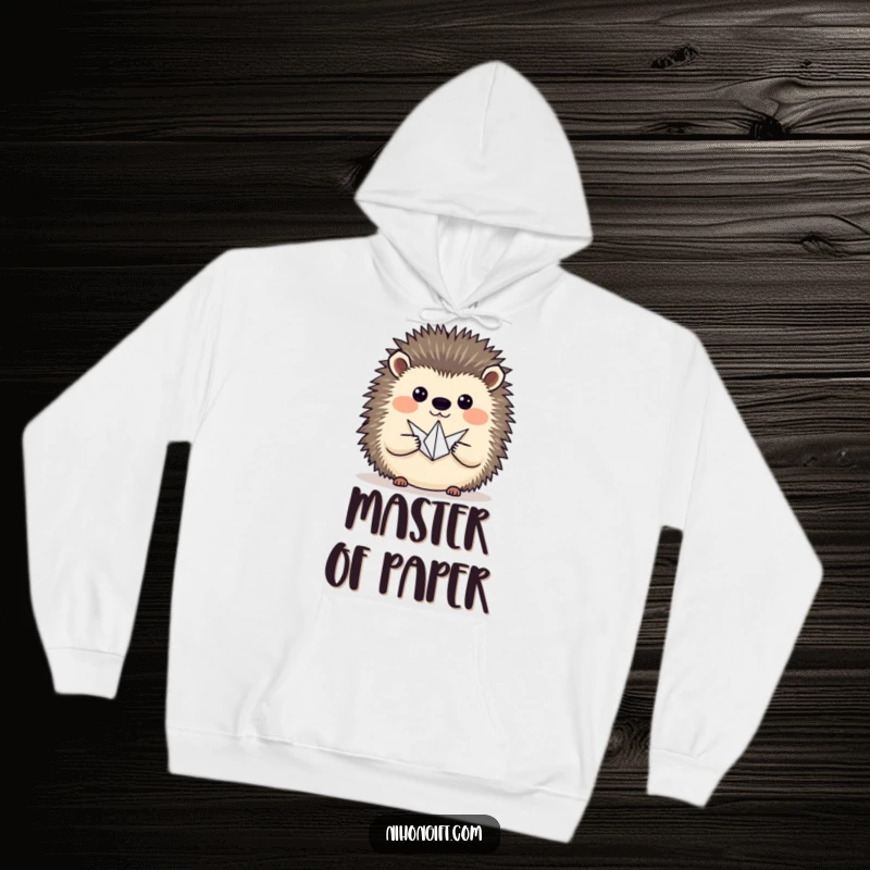 Funny hedgehog proudly presenting a tiny origami crane, designed on a warm and cozy hoodie.